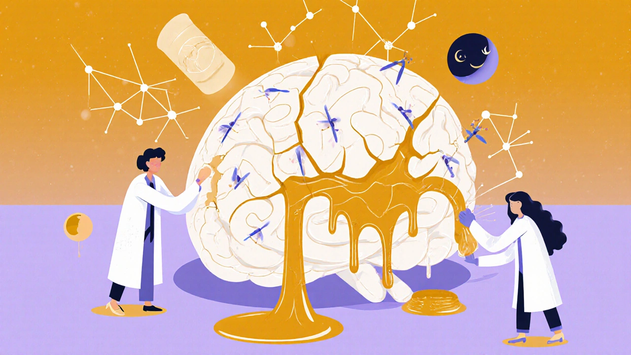 A cracked brain vase oozing gold neurotransmitters, surrounded by floating acupuncture needles and therapists patching it with threads.