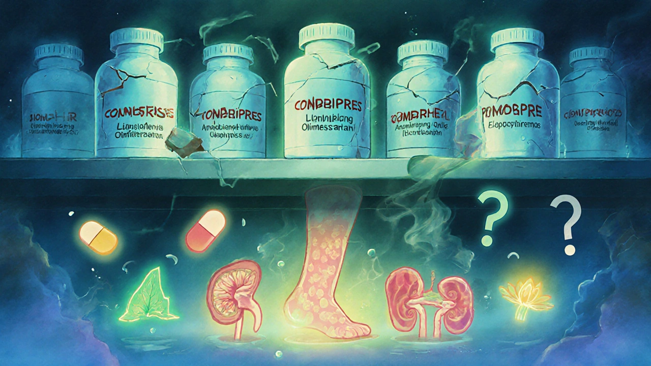 A floating pharmacy shelf with crumbling Combipres bottles beside glowing, icon-decorated alternative blood pressure pills.