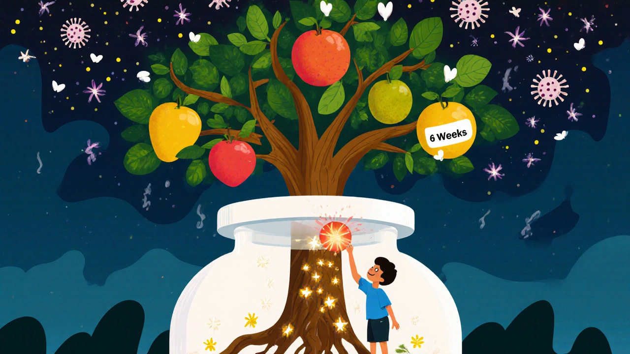 A mystical tree growing from a bottle, rooted in a human body, bearing immune-boosting fruits and dissolving viruses.