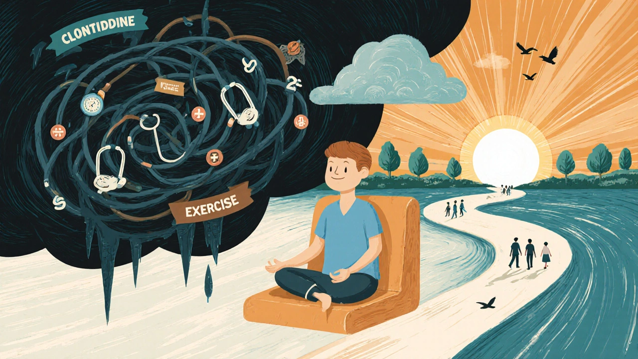 A patient on a stethoscope chair surrounded by dark and light vortexes representing medication pathways and lifestyle changes.