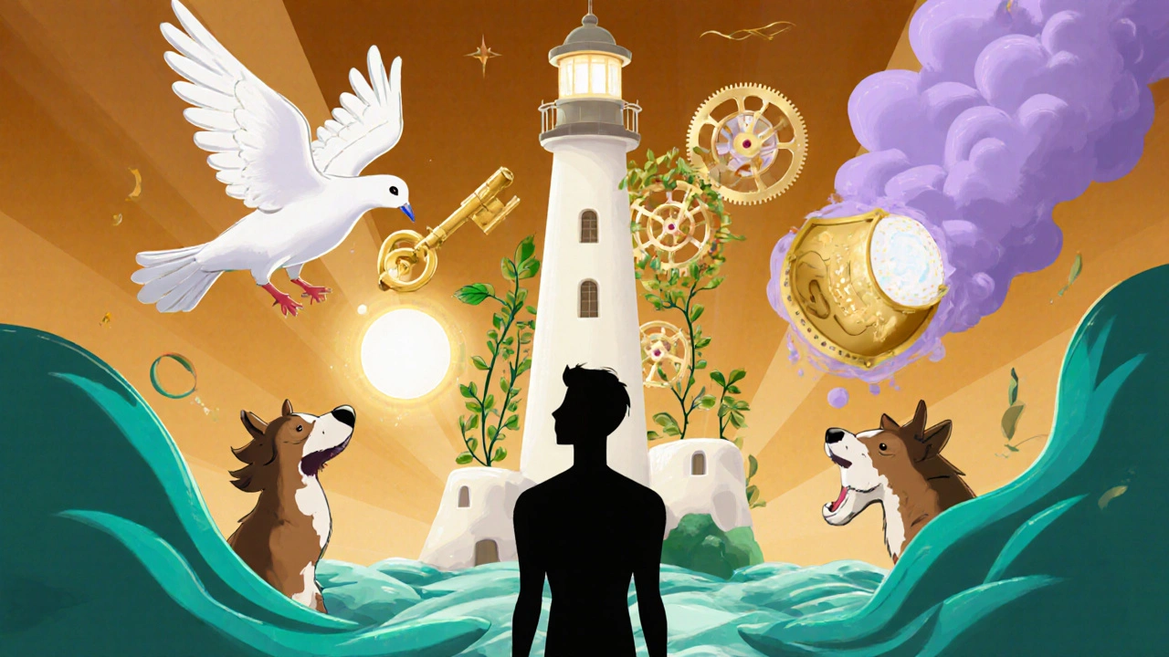 Animated ingredient characters guide a male figure's hormone pathway in a dreamy scene.