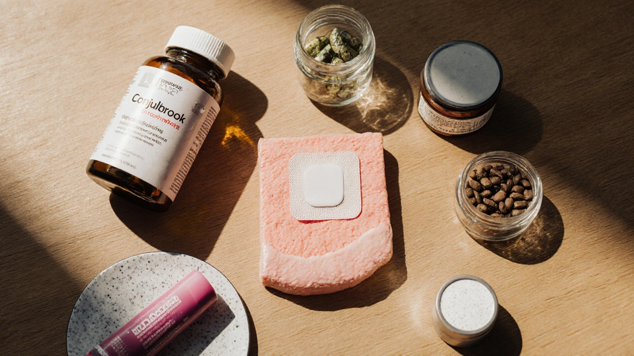 Assortment of estrogen therapies: patch on skin, pill bottle, soy beans, cream tube, and tibolone tablet arranged on a wooden surface.