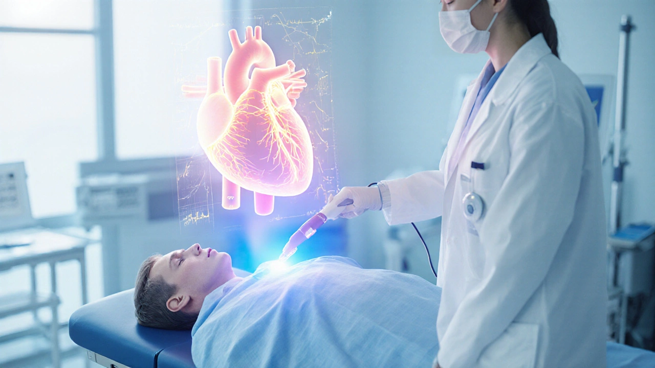Cardiology lab scene with doctor viewing a holographic heart and catheter ablation on a patient.