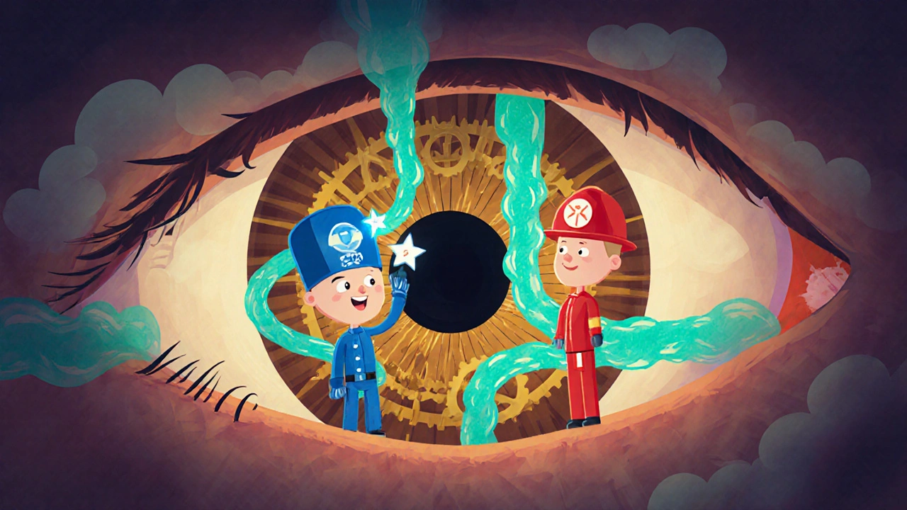 Cartoon eye factory with Dorzolamide and Timolol characters stopping fluid flow.