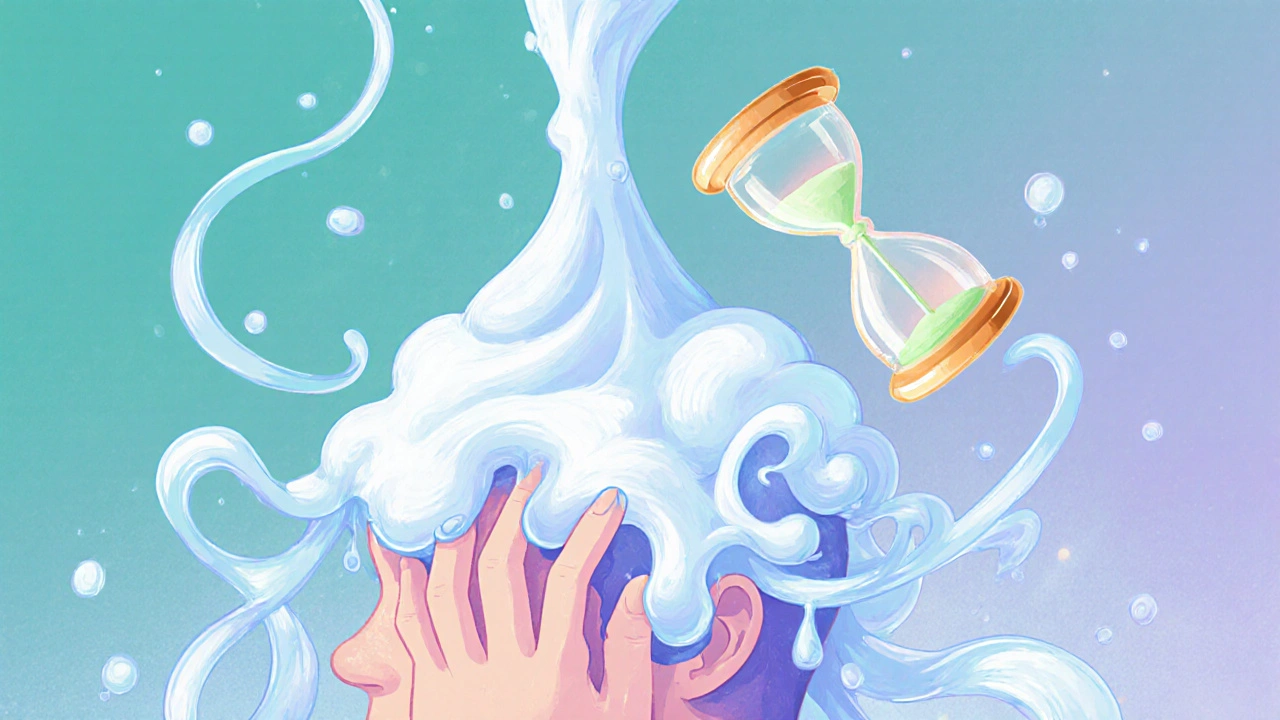 Cartoon figure washing scalp with swirling shampoo lather and a floating timer.