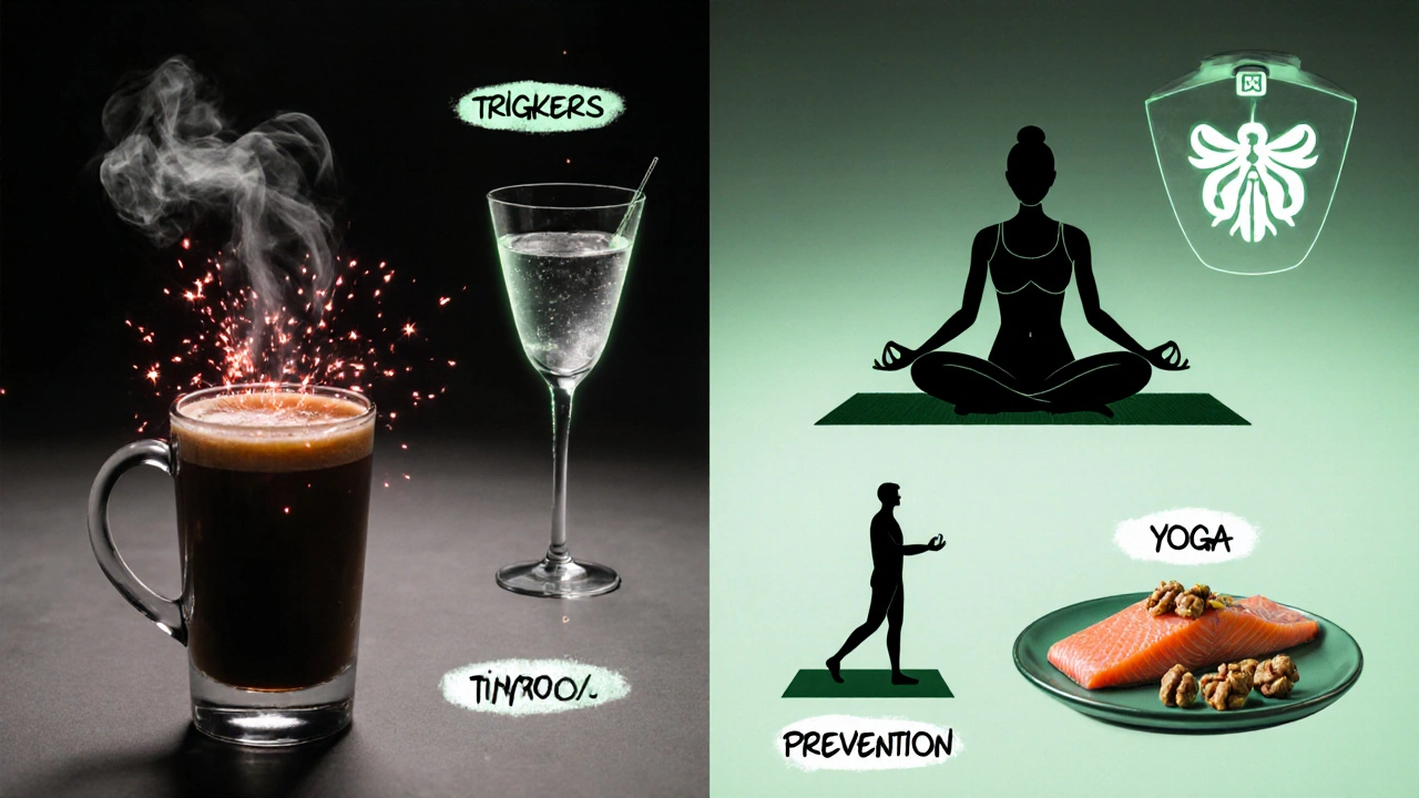 Collage contrasting coffee, cigarettes, and alcohol with water, yoga, salmon, and walnuts.