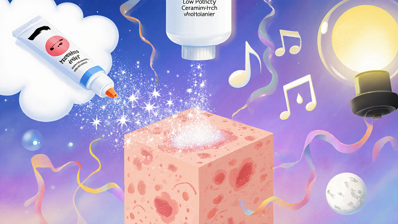 Collage of steroid, moisturizer, phototherapy lamp, and antihistamine around inflamed skin.