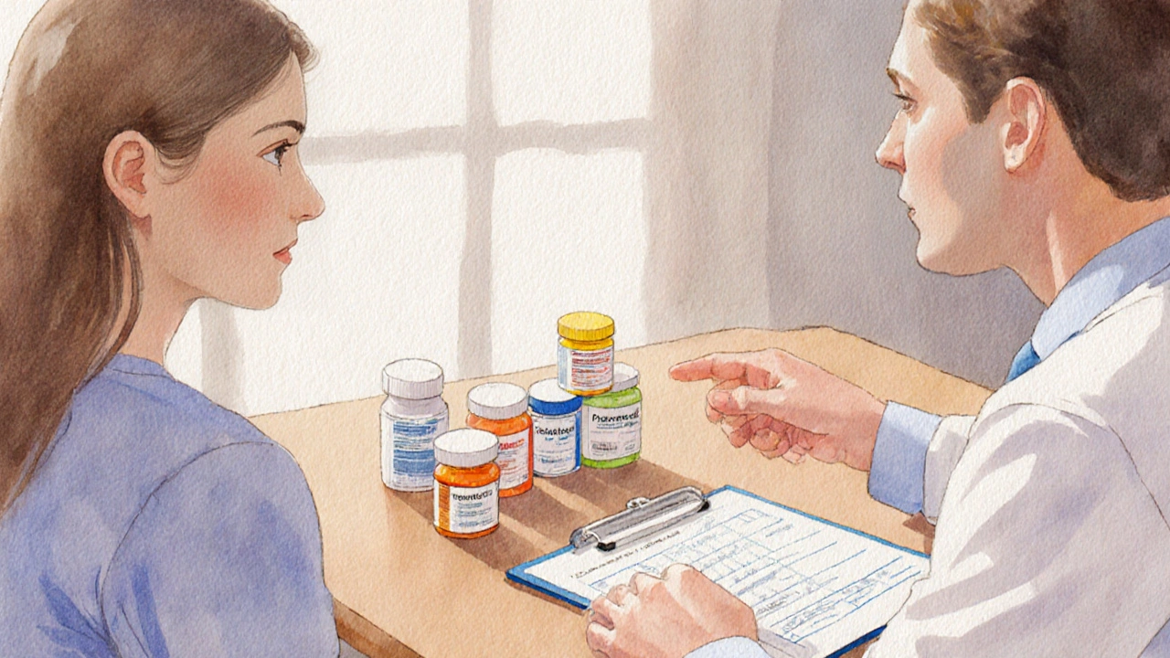 Doctor and patient discussing treatment over a desk with pill bottles and abstract lab charts.