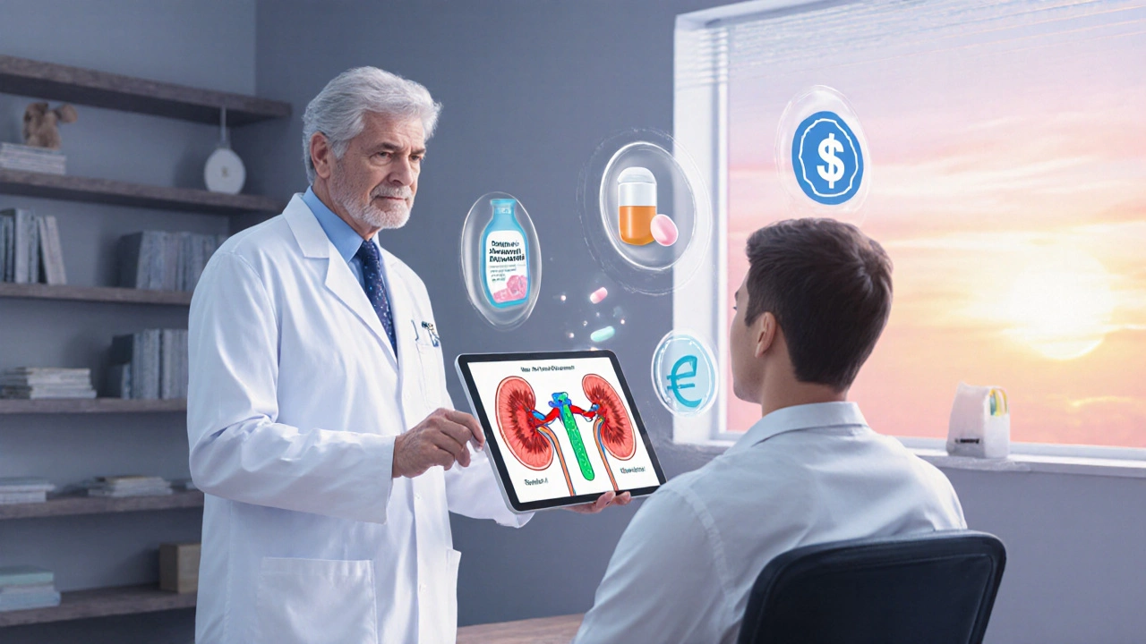 Doctor consulting patient with kidney health icons and treatment options.