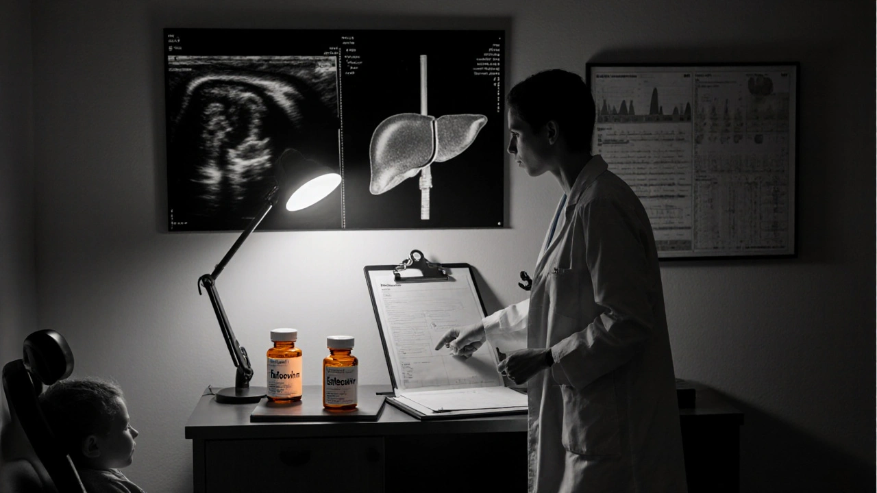 Doctor reviewing liver ultrasound and medication bottles with a child in a clinic.