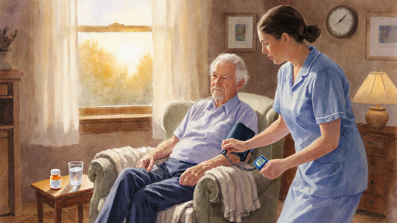 Elderly patient having blood pressure checked at home with Atacand nearby.