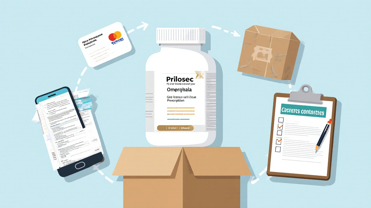 Flat‑lay illustration of prescription, phone, credit card, and Prilosec bottle.