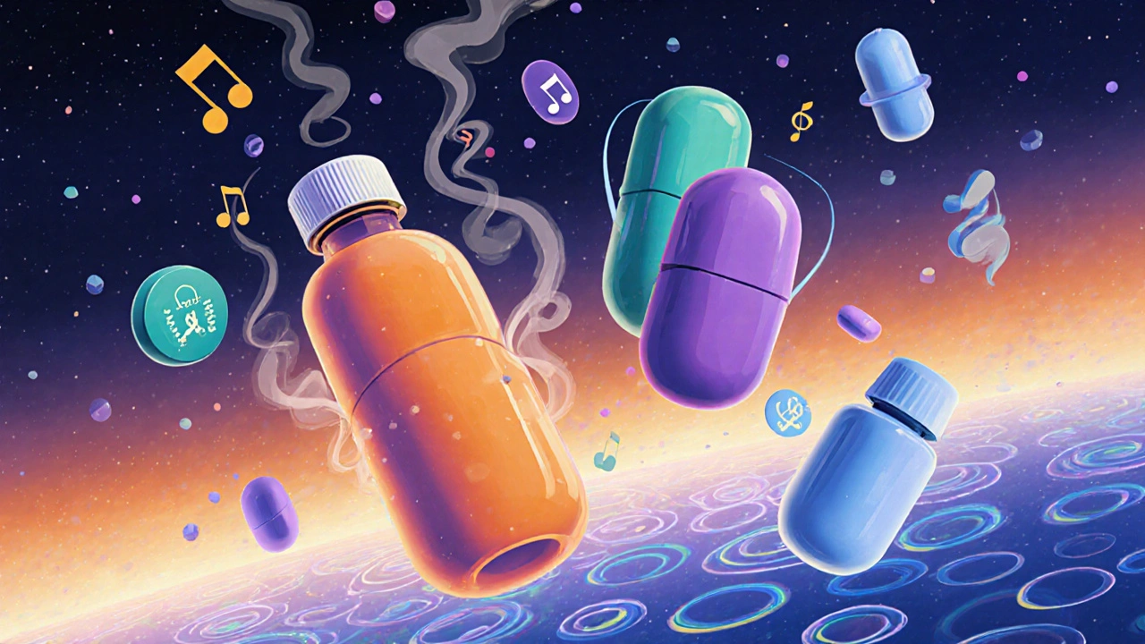 Floating medication pills on a carousel, each surrounded by icons for their uses.