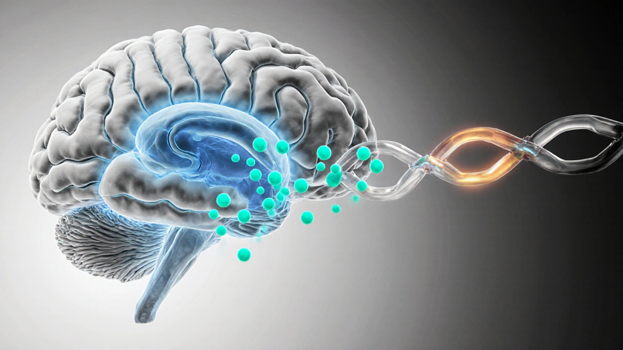 Gray brain illustration showing amygdala, serotonin synapse with teal dots.