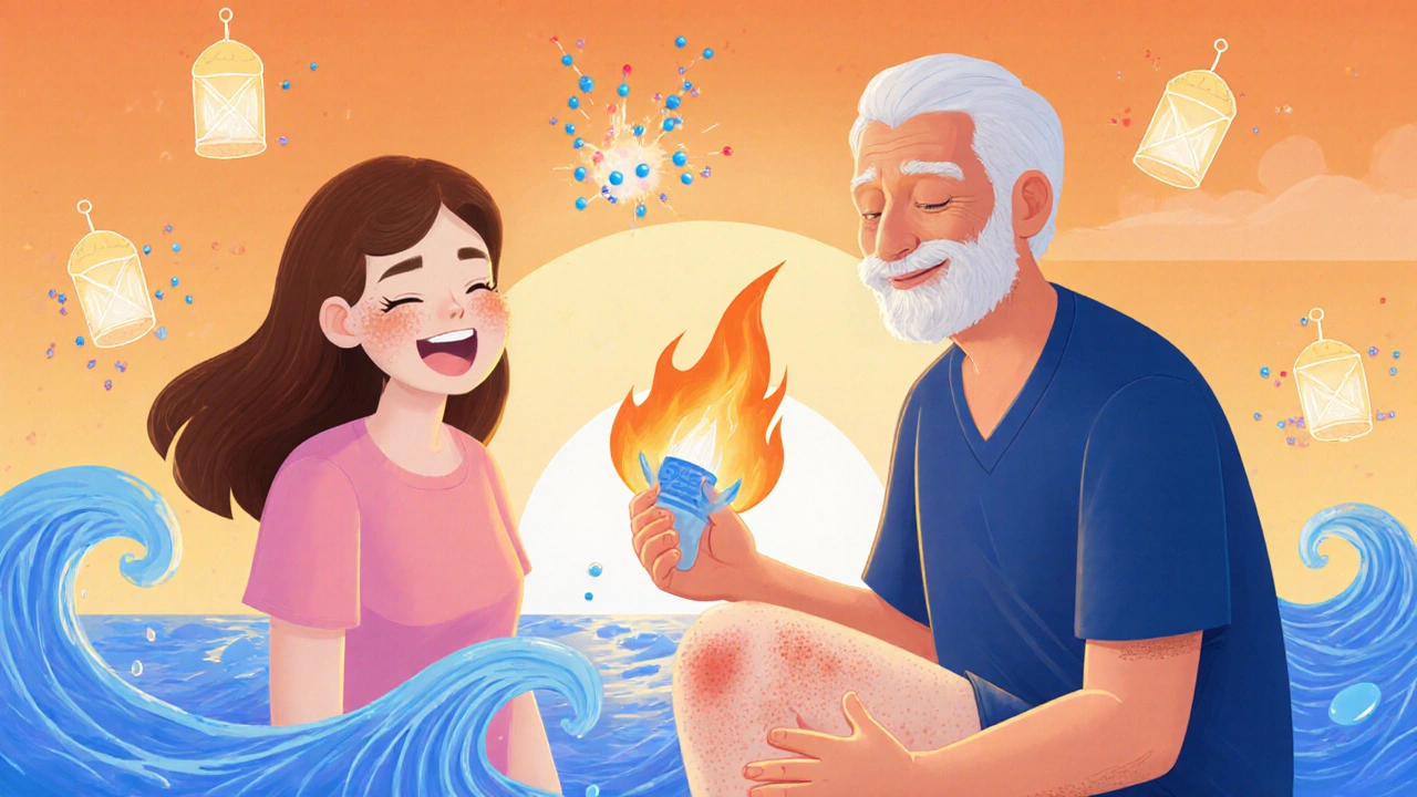 Happy patient with clear face and knees, ceramide symbols and soothing wave background.