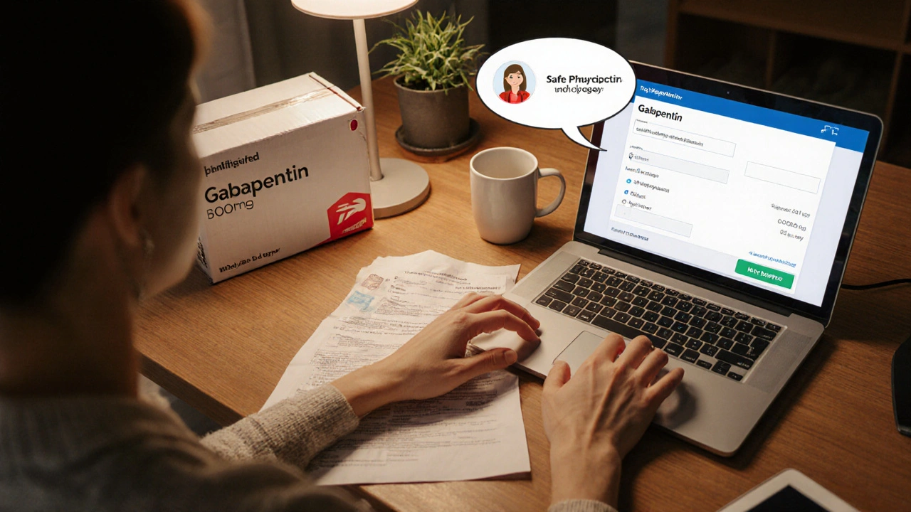 Home office scene of a person ordering gabapentin online with prescription and shipping box.