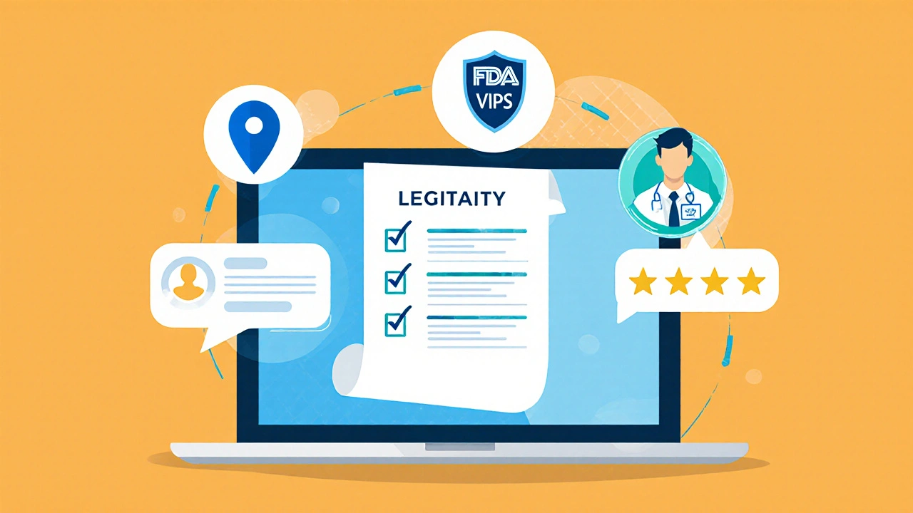 Illustrated laptop with icons showing address, FDA shield, pharmacist and star reviews.