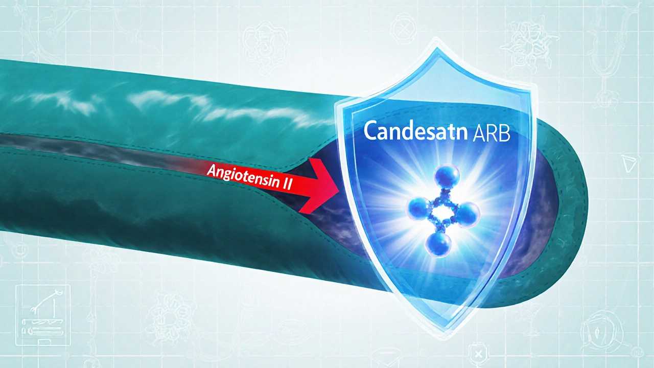 Illustration of a drug blocking angiotensin II to relax an artery.