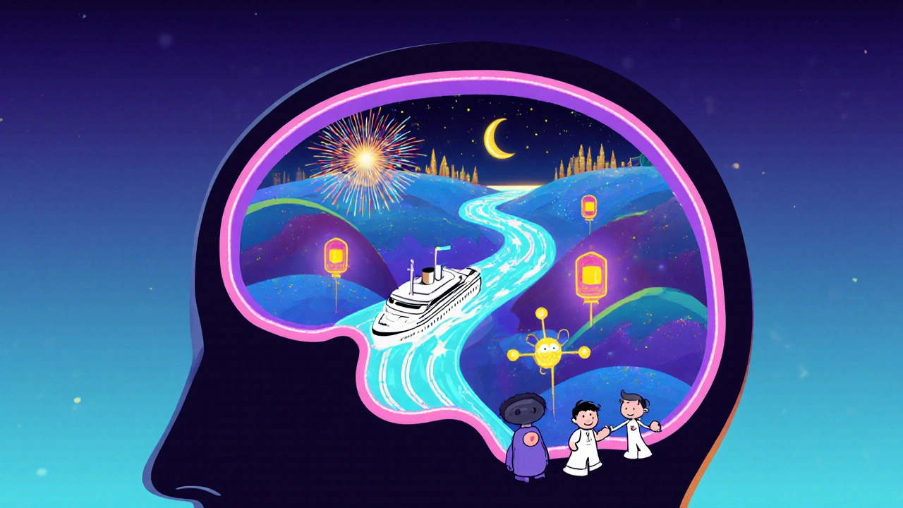Inside a cartoon brain, neon dopamine river, histamine fireworks, and orexin lanterns illustrate Modalert's action.