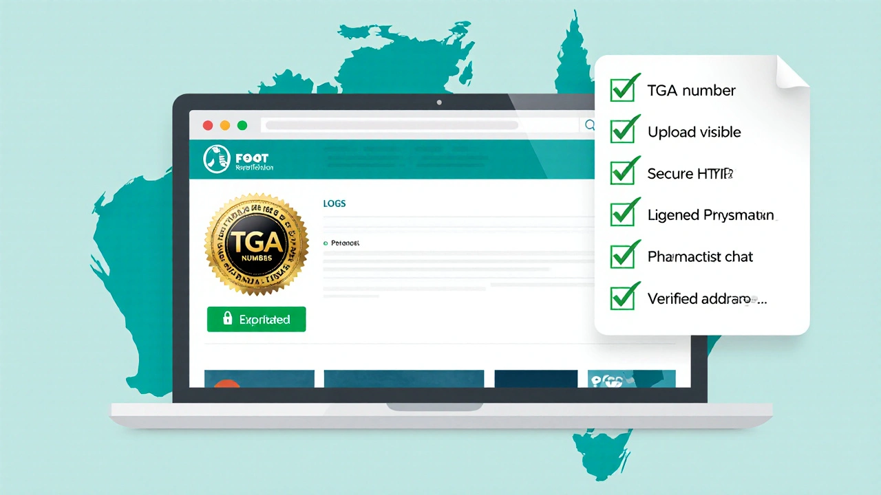 Laptop screen showing TGA seal, HTTPS lock, and prescription upload checklist on a pharmacy site.