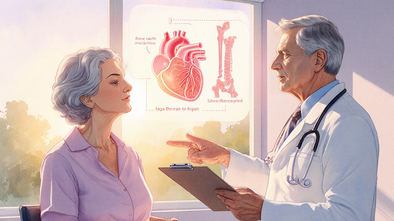 Middle‑aged woman discussing hormone options with a doctor, holding a clipboard while a subtle bone and heart outline glows in the background.