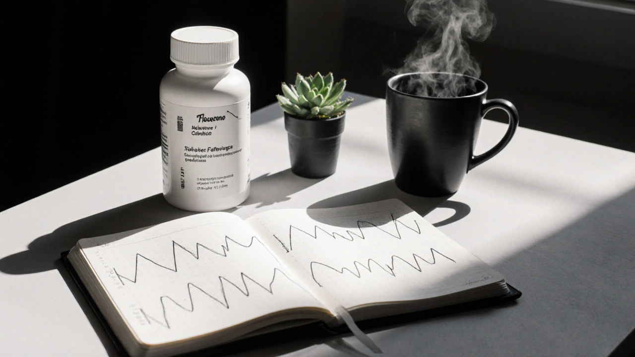 Morning desk with fluoxetine bottle, diary, mug, and a green plant accent.