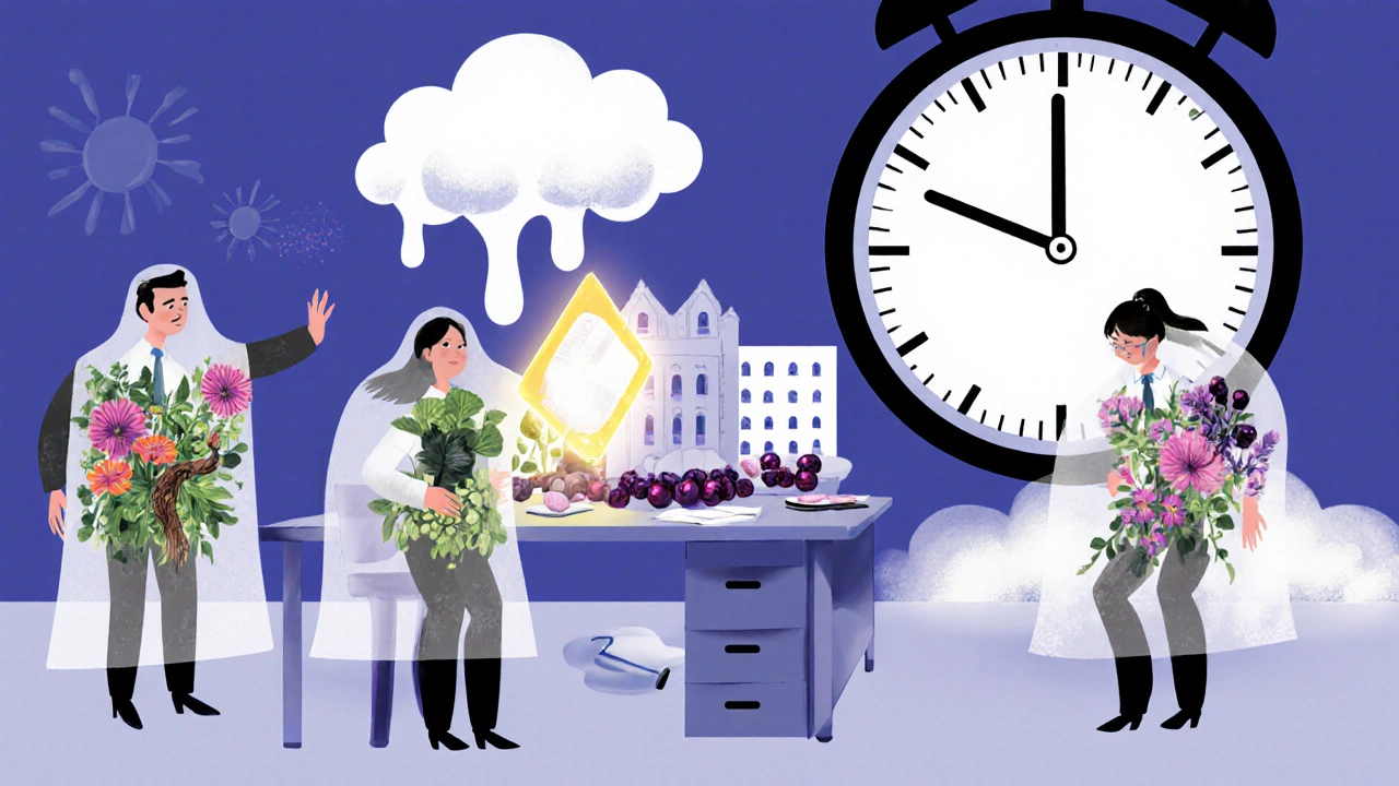 Office workers surrounded by herbal shields, one protected by a tablet fortress, with melting time symbols.