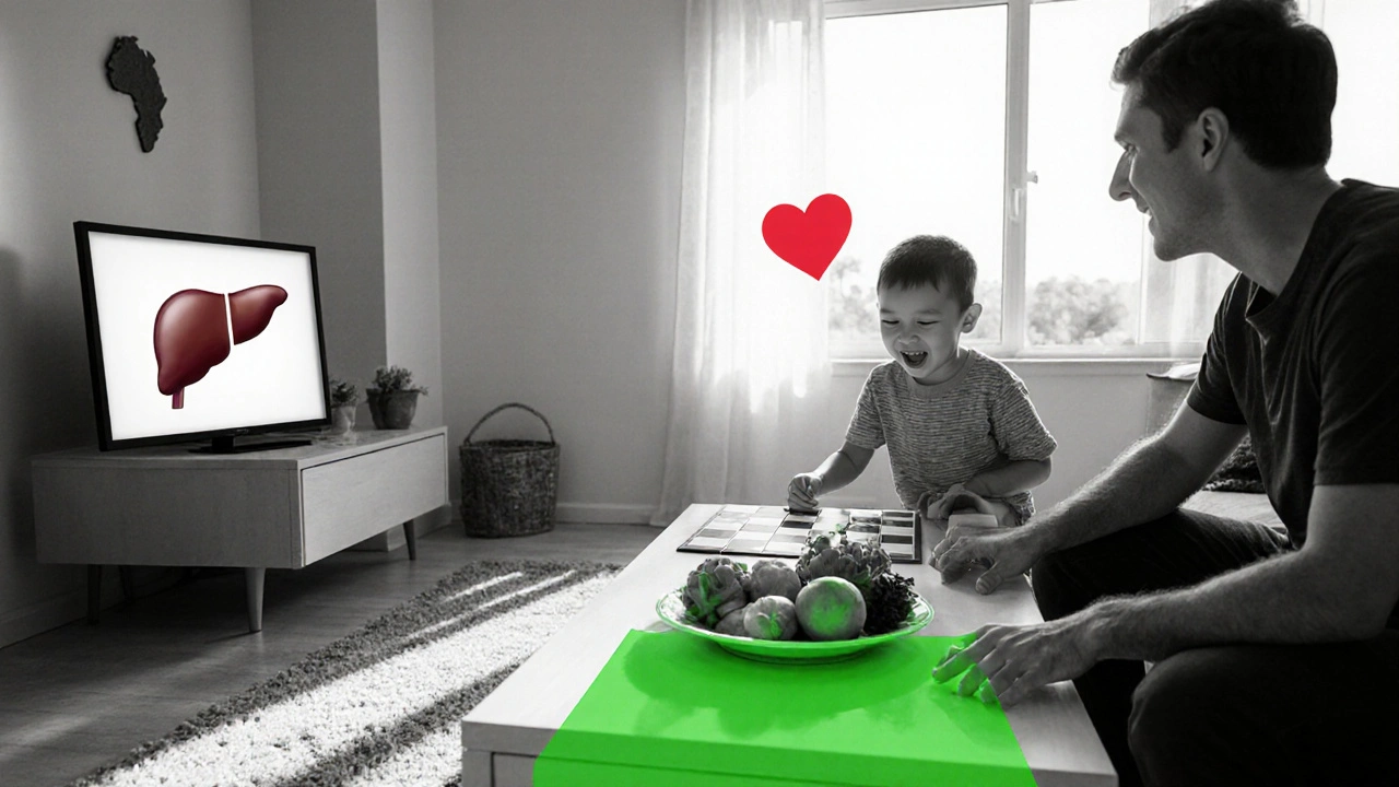 Parent and child enjoying a game, surrounded by healthy foods and subtle health symbols.
