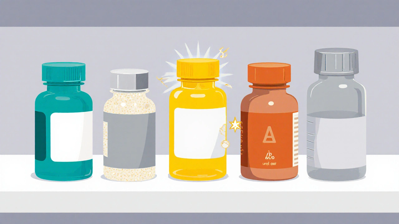 Pharmacy shelf displaying six different phosphate binder bottles with distinct caps and visual cues.
