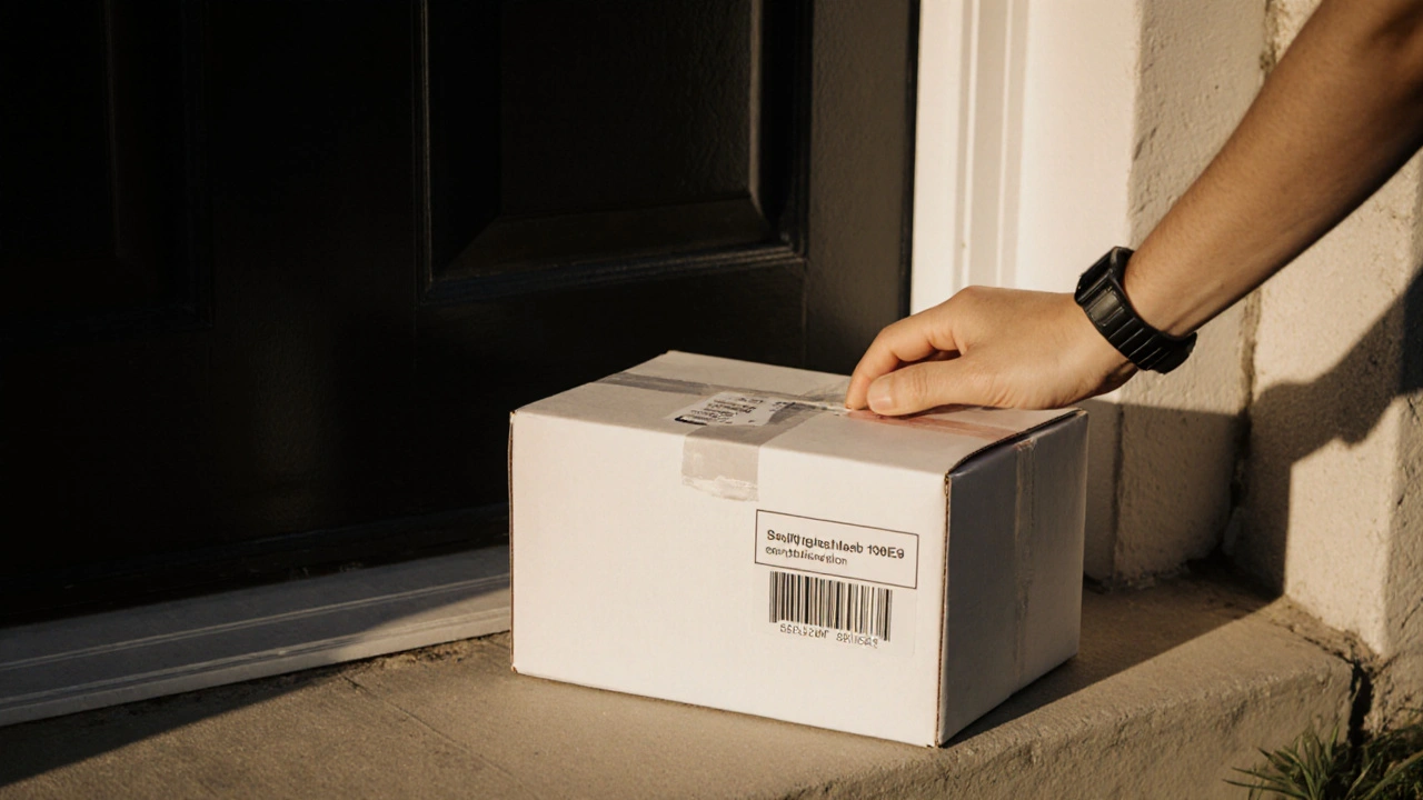 Plain white medication box on doorstep with hand signing for delivery.