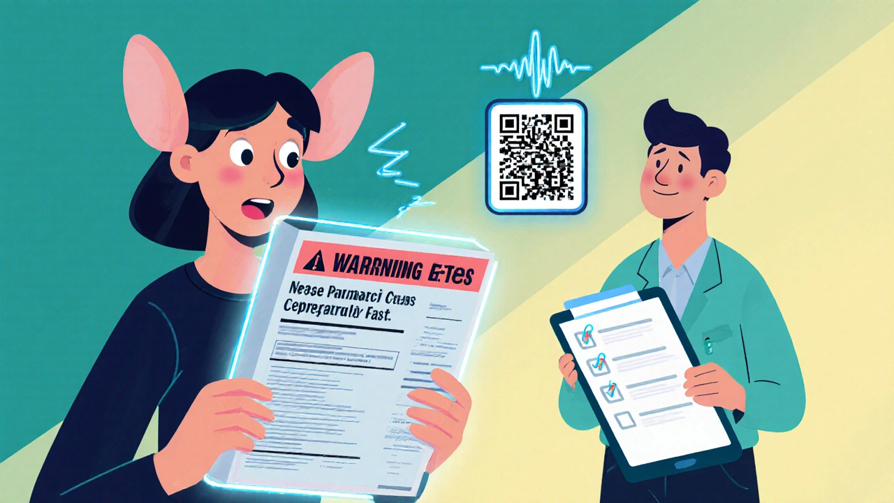 Shopper reads OTC warnings while pharmacist checks a list; QR code glows above the product.
