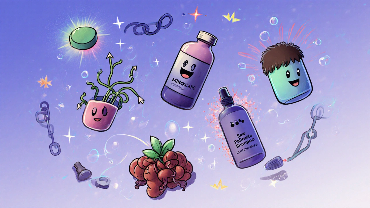 Six cartoon‑style objects representing different hair‑loss treatments surrounded by abstract icons.