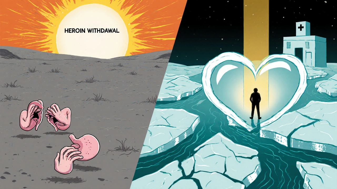 Split landscape showing heroin withdrawal as a desert and methadone as a glacier, with a figure walking toward a heart-shaped clinic.