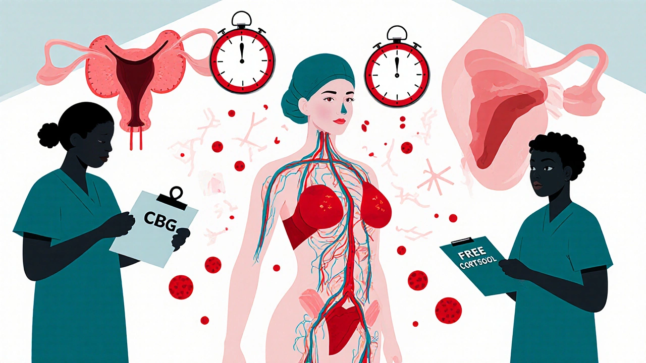 Surgical scene with hormone map and clot warnings before surgery.