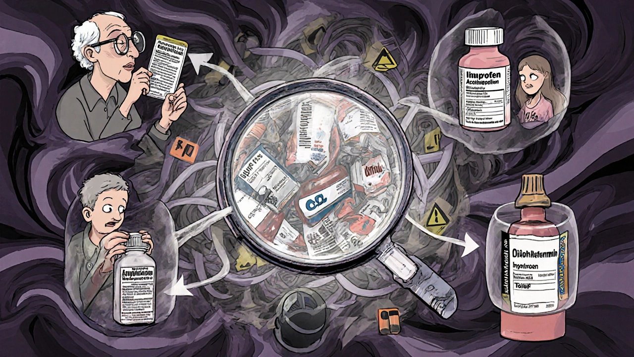 Surreal collage of pills showing interactions, an elderly person, and a child with warnings.