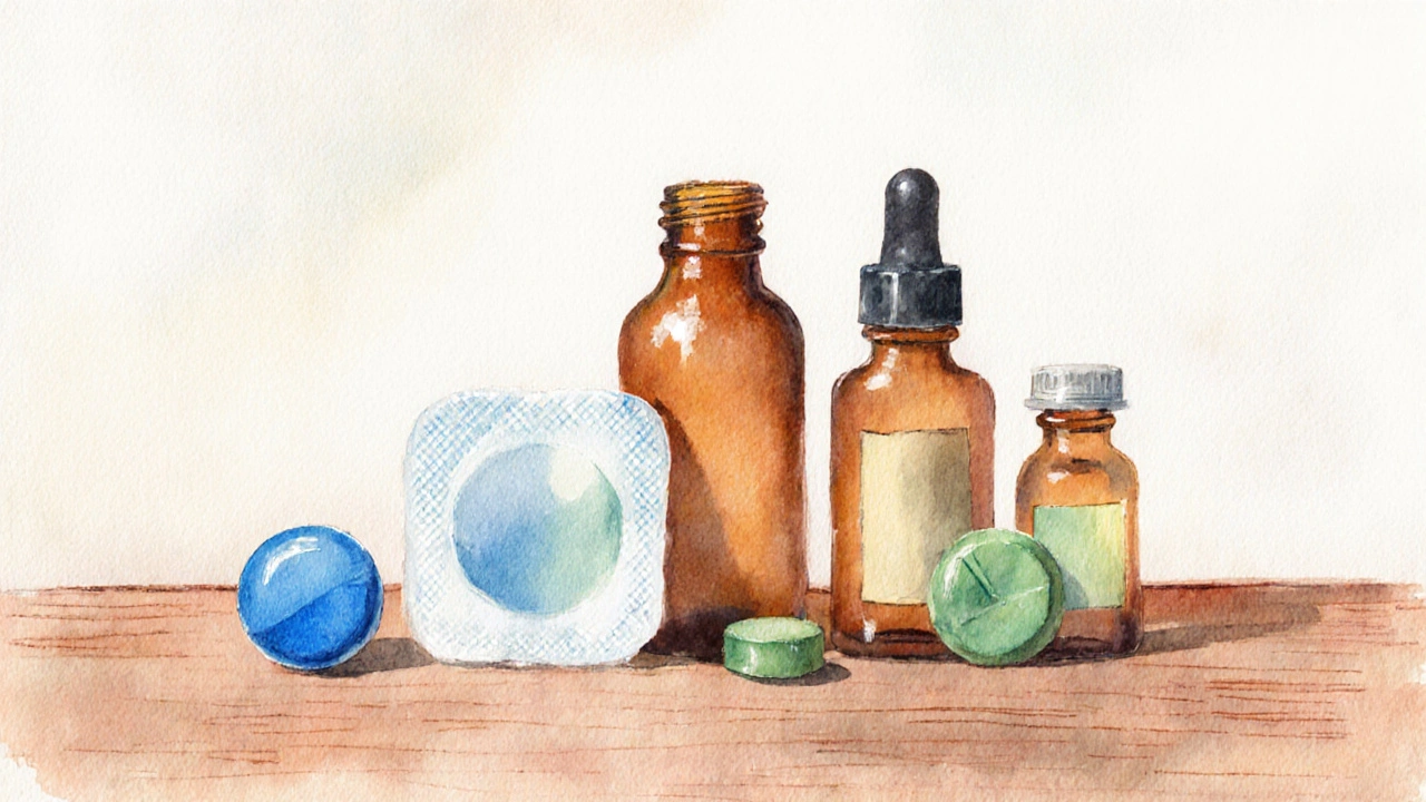 Watercolor display of various anti‑emetic pills, patches, and vials on a table.