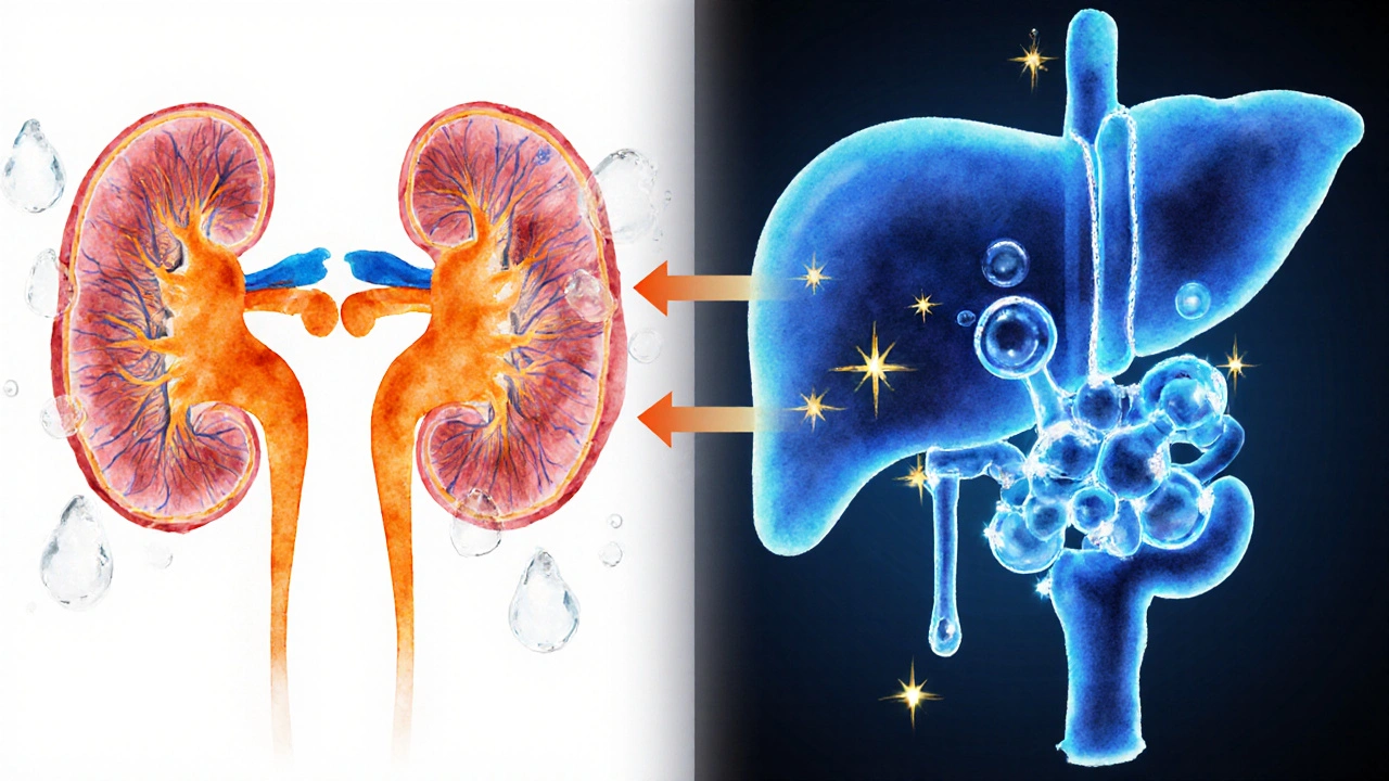 Watercolor split view of kidneys excreting uric acid and liver blocking production.