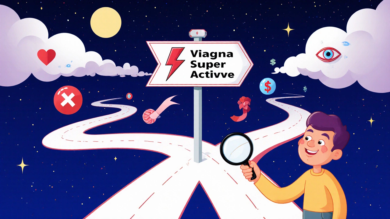 Whimsical crossroads with paths representing fast onset, long duration, and low cost for ED medications.