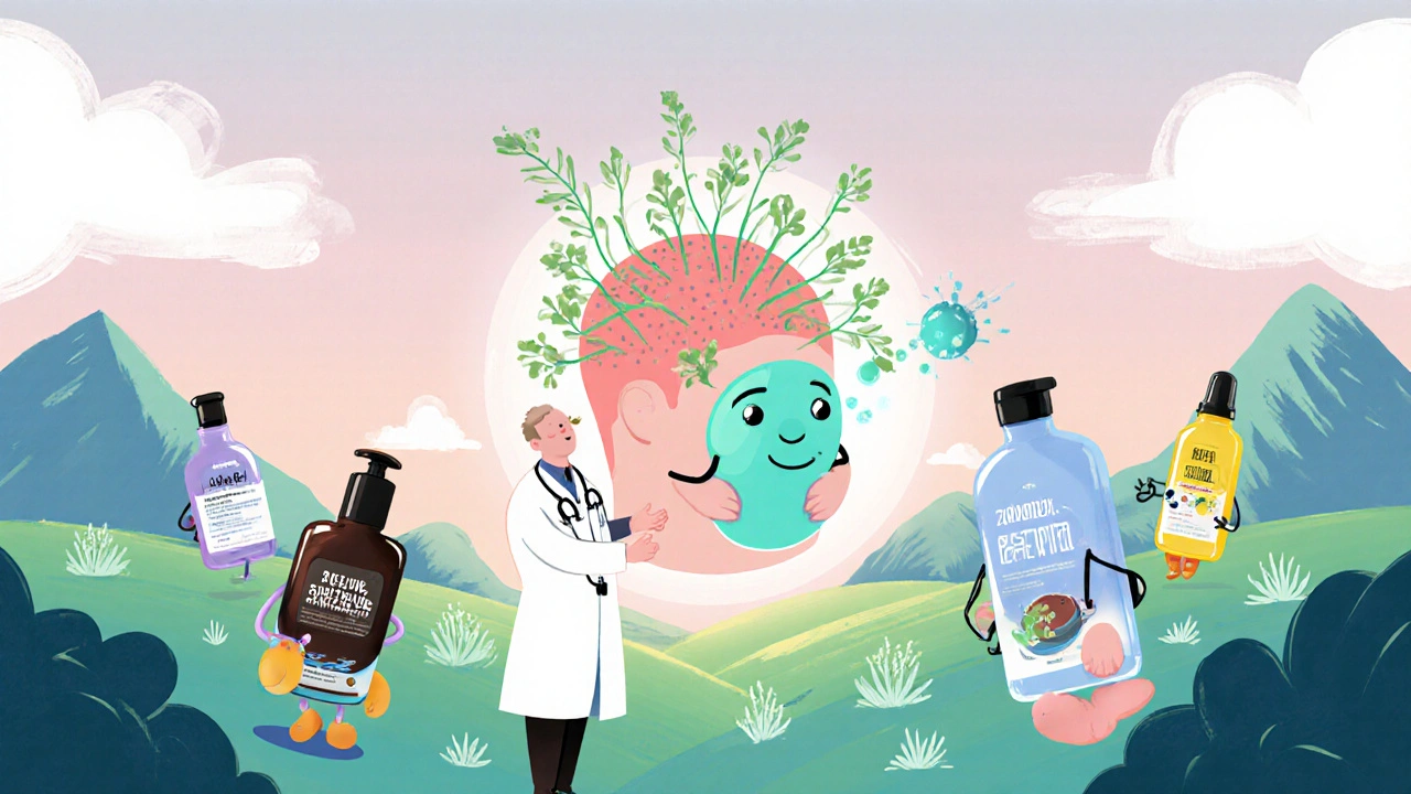 Whimsical dermatologist scene with shampoo bottle characters confronting scalp inflammation.