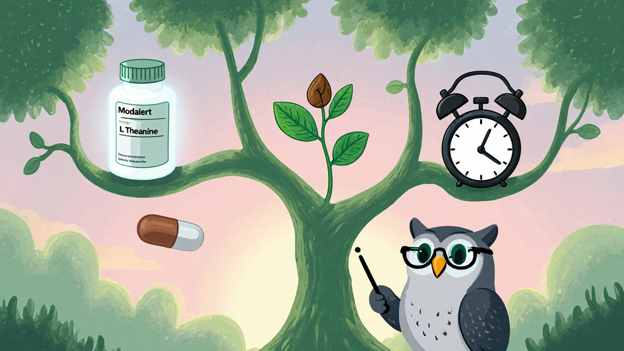 Whimsical garden decision tree showing Modalert, caffeine combo, and methylphenidate options guided by an owl.