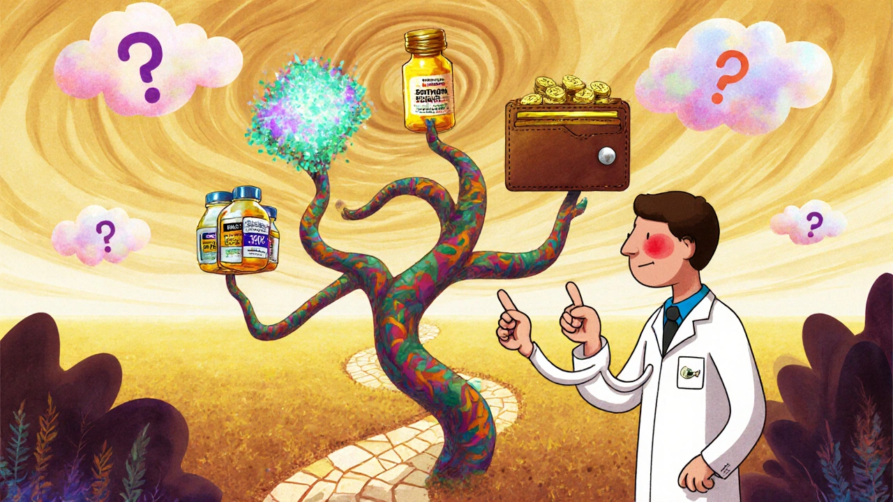 Whimsical garden decision tree with surreal objects representing treatment options.