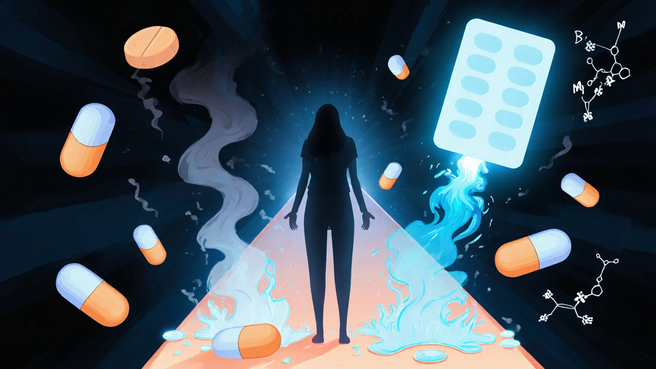 Woman choosing between pill and patch pathways with contrasting drug interactions.