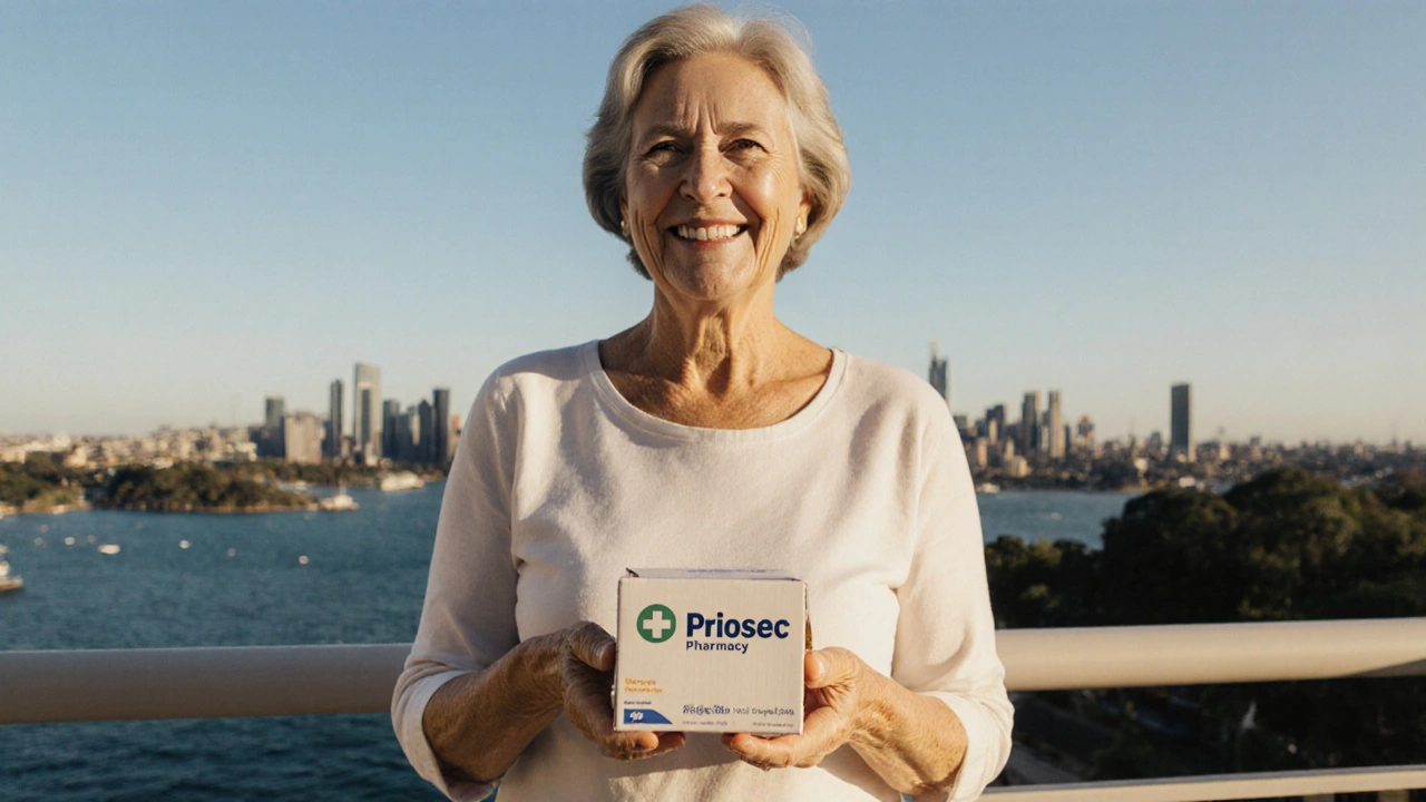 Woman on balcony holding sealed parcel of generic Prilosec, smiling.