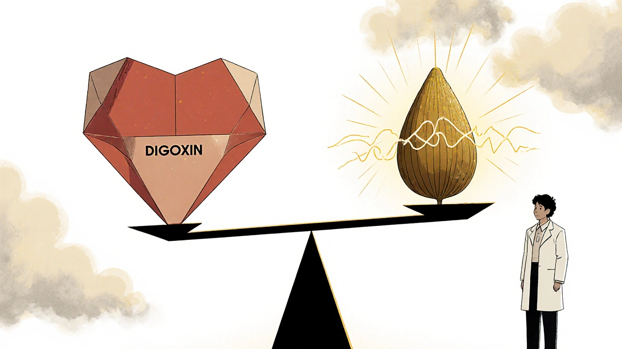 A balance scale comparing a synthetic heart pill to a natural Strophanthus seed with dissolving brain fog.