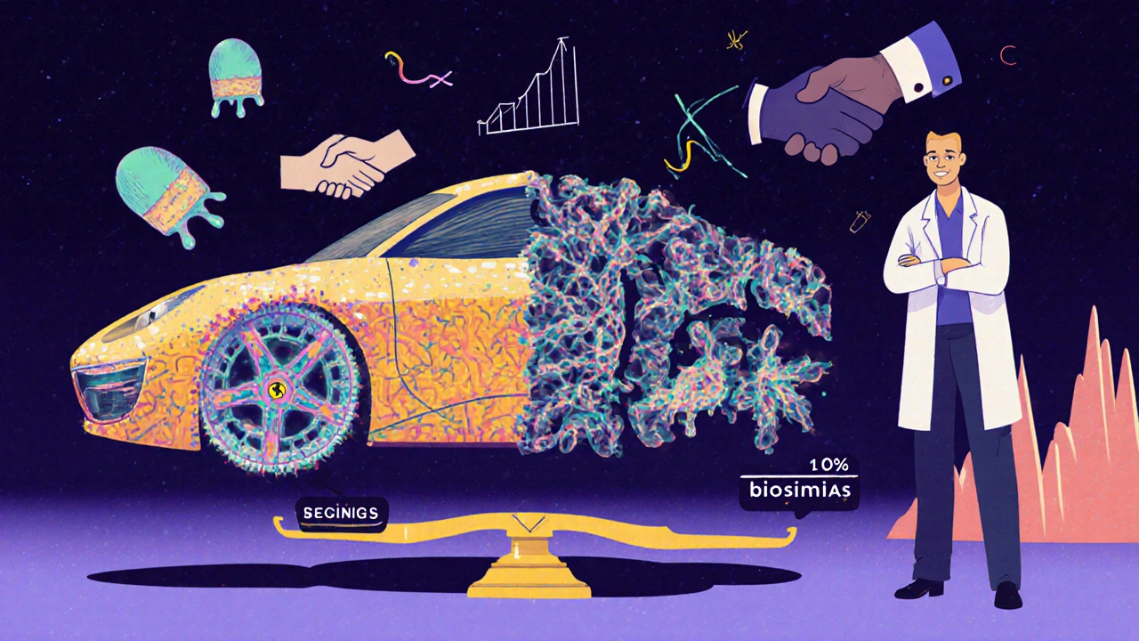 A cell-made Ferrari has one half original biologic, the other a rebuilt biosimilar, with savings tipping the scale.
