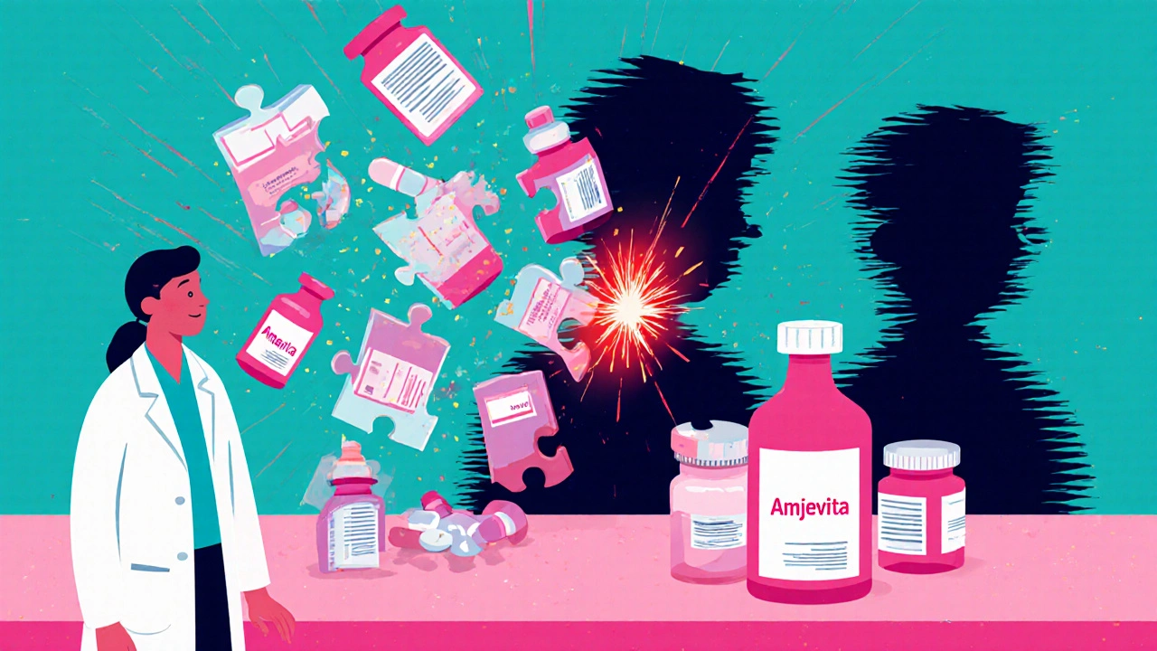 A chaotic pharmacy counter with morphing vials as puzzle pieces, one glowing red label, a patient’s shadow split in two.