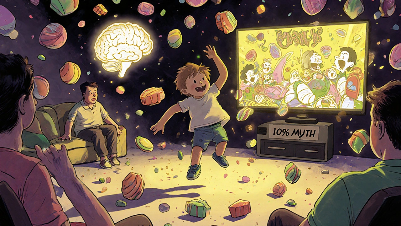 A child bouncing among candy that turns into brain scans, contrasting the myth of sugar-induced hyperactivity with scientific truth.