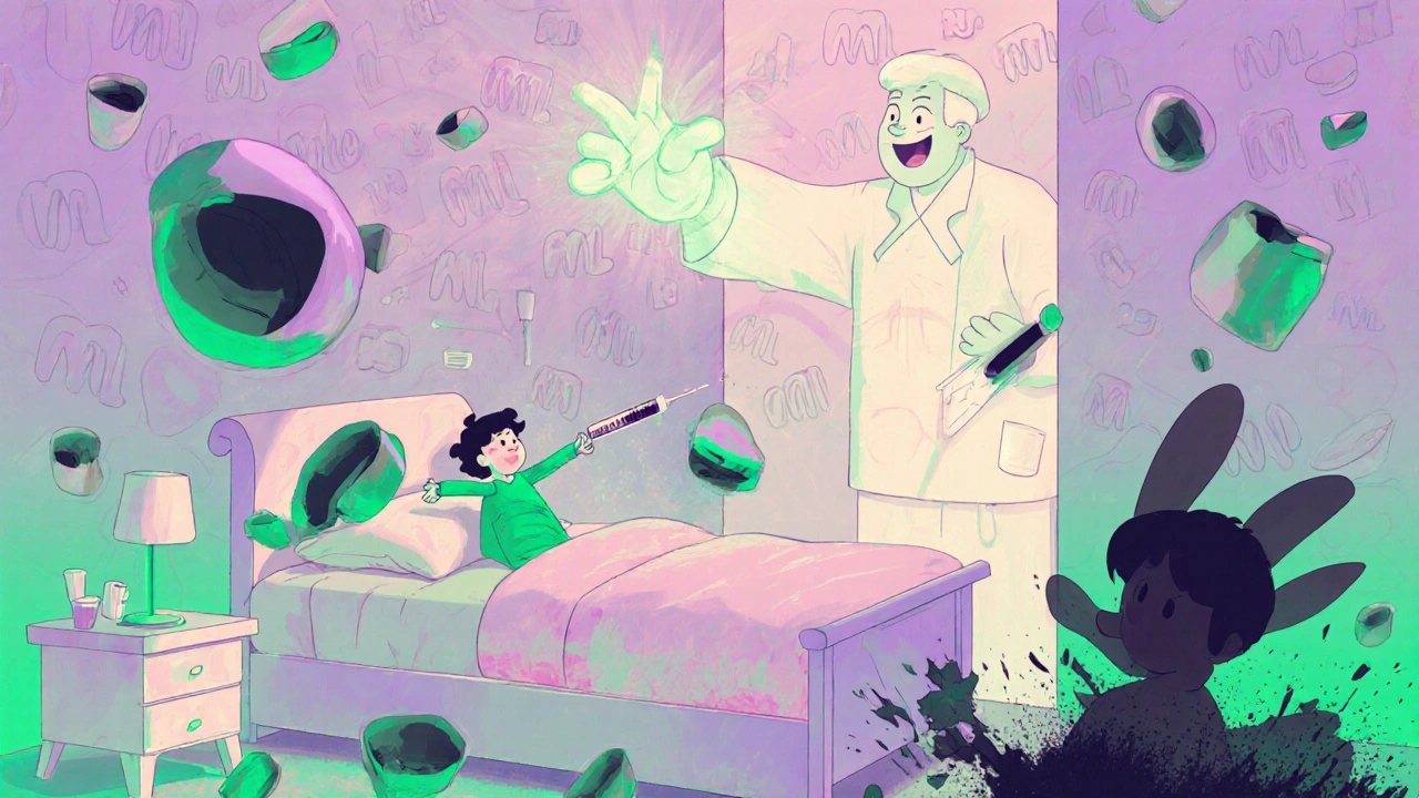 A child’s bedroom made of measuring cups, with a glowing pharmacist gesture and a winged syringe against floating mL markings.