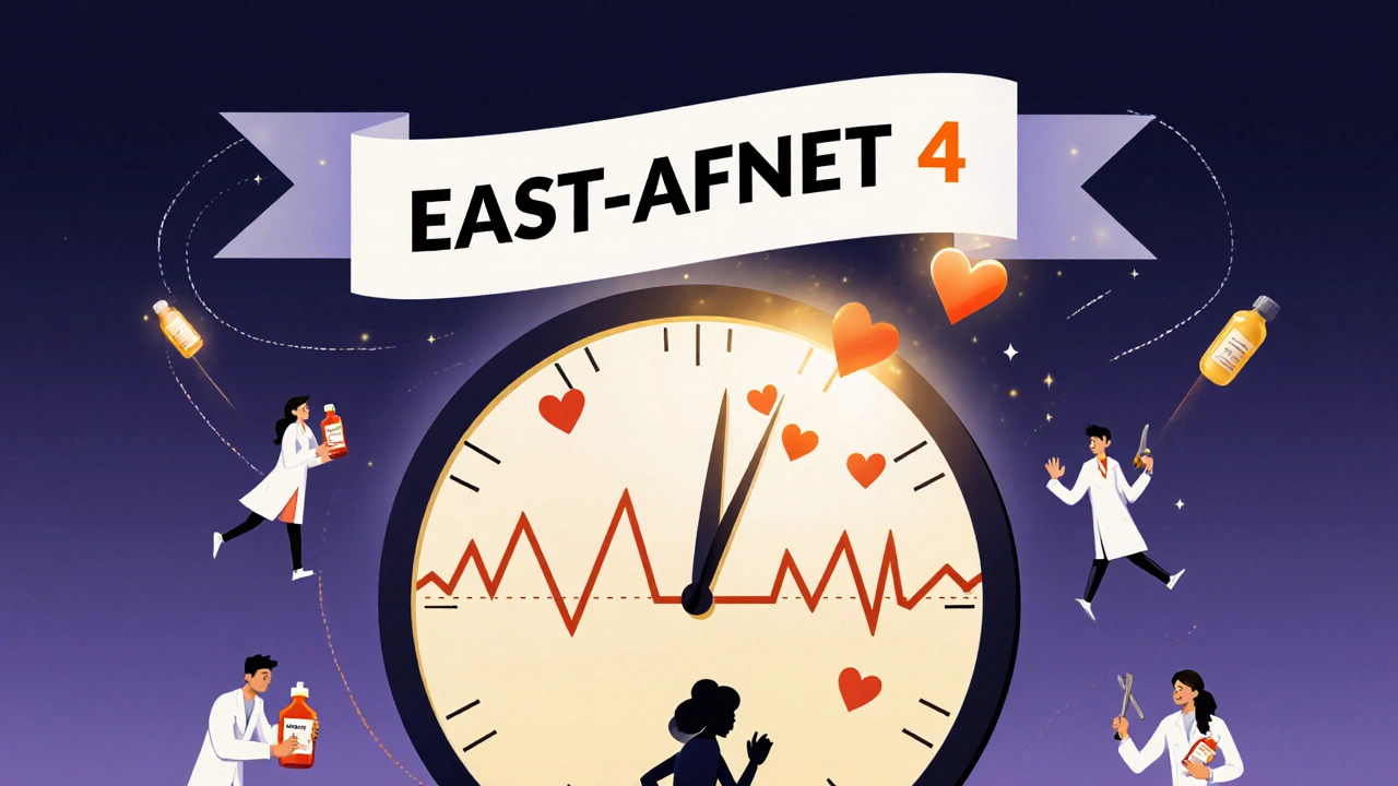 A clock with heart-shaped hands over a patient, alternating EKG waves, with medical tools and a glowing trial banner above.