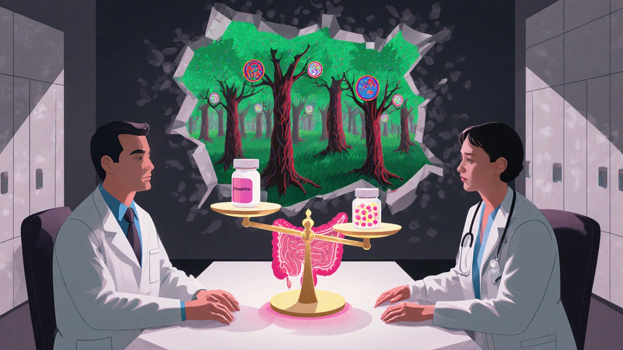 A doctor and patient at an intestine-shaped table balancing an antibiotic pill against probiotic orbs, with resistant bacteria growing as monstrous trees.